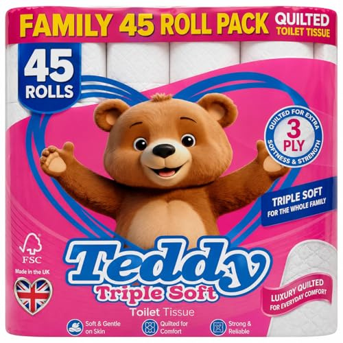 Teddy Toilet Rolls, 45 Pack, 3 Ply, Triple Soft, Strong Quilted Tissue, Luxury