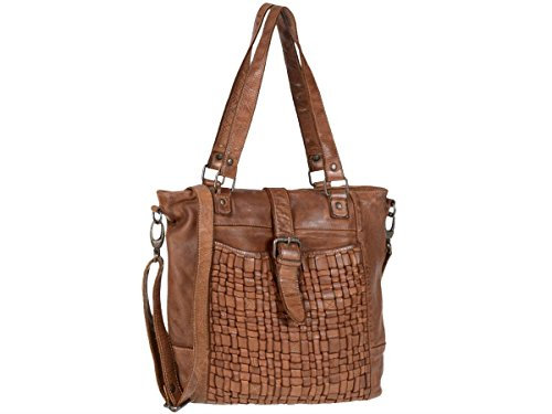 Bear Design Beuteltasche Damen Leder Handtasche Shopper mit Schultergurt Front geflochten cognac
