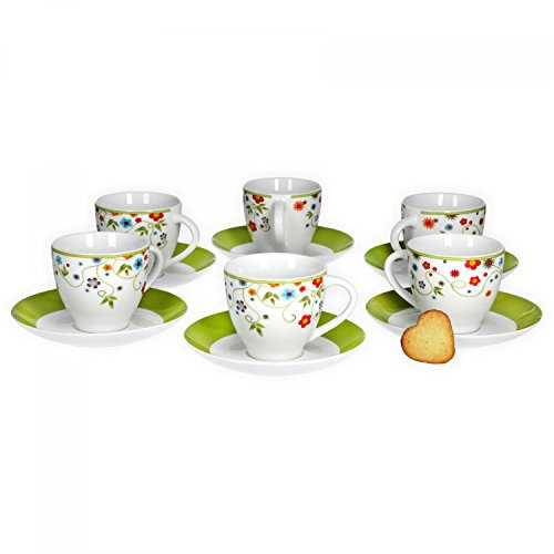 Van Well Vario Set of 6 Coffee Cups with Saucers, White Porcelain Set with Flower Design, Coffee Service Dishwasher Safe and Microwave Safe, Cup 200 ml + Saucer 14.5 cm