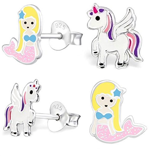 2 Paar Ohrstecker Set Ohrringe Mädchen 925 Silber mit Emaille Einhorn