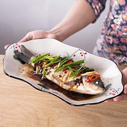 Japanese Glaze Color Ceramic Tableware Large Steamed Fish Dish Oval Plated Dish Grilled Fish Plate Baking Dish Shaped Plate, 31.2x19x3.5cm