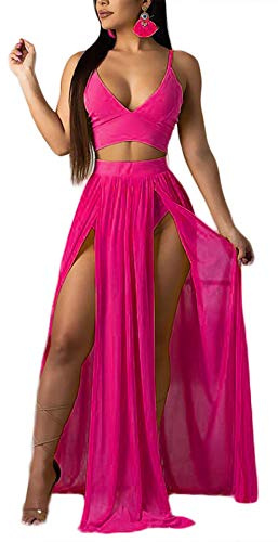 Robe sexy pour femme en deux pièces en mousseline avec soutien-gorge à bretelles, col en V profond, haut court à franges, jupe longue fendue, ensemble de maillots de bain, rose, L