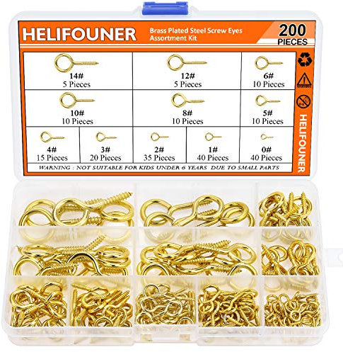 HELIFOUNER 200 Pieces 11 Sizes Brass Plated Steel Screw Eyes Assortment Kit
