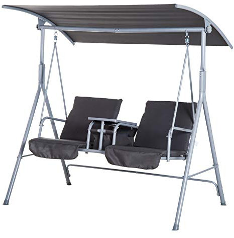 Outsunny 2 Seater Garden Swing Chair Patio Rocking Bench w/Tilting Canopy, Double Padded Seats, Storage Bag and Tray, Grey