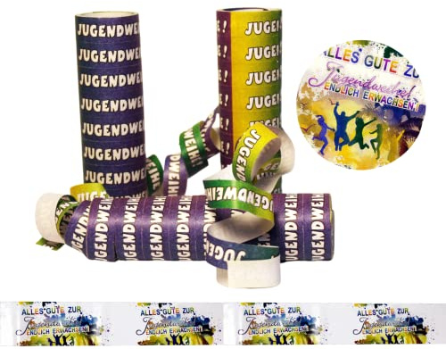 Jugendweihe Deko Luftschlangen (3 Rollen) – 27 Ringen Papierschlangen mit Alles Gute zur Jugendweihe & Endlich Erwachsen Motiv – Bunte Tischdeko & Partydeko für Jungen & Mädchen