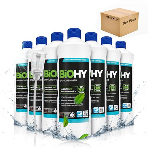 BiOHY Nettoyant de base (9 x 1l Bouteille) + Distributeur | Élimine les incrustations tenaces et les anciens films de soin - Nettoie en douceur toutes les surfaces (Grundreiniger)