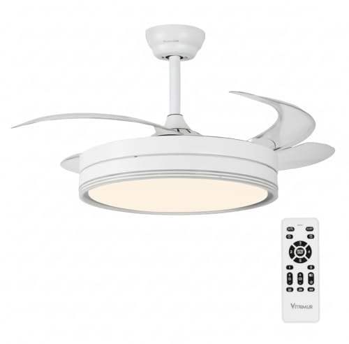 UNIVERSALBLUE VITRIMUR | Ventilador de Techo con Aspas Retráctiles | 6 Velocidades |Luz LED| Motor DC | Silencioso | Modo Invierno | Temporizador | Mando Incluido | Facil De Montar (Blanco)