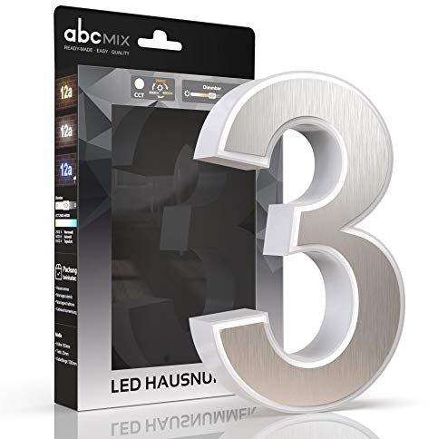abcMIX LED Hausnummer, personalisierbare beleuchtete Hausnummer, Hausnummernleuchte mit LED - Hausnummer 3, Farbe EDELSTAHL, Lichtfarbeneinstellung, Dimmbarkeit