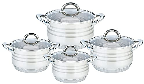 Maestro MR-3513-8 Kochgeschirr-Set, Edelstahl, 8-teilig, Induktion, 4 Töpfe, 4 Glasdeckel, geeignet für alle Herdarten, spülmaschinenfest