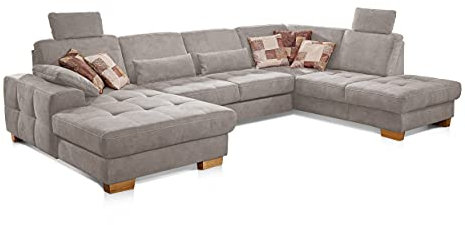 CAVADORE Wohnlandschaft Puccino mit Federkern, Sitztiefenverstellung und 2 Kopfstützen / Sofa in U-Form im Landhausstil / 340 x 86 x 224 cm / Mikrofaser Hellgrau