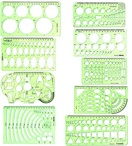 JZK Set mit 9 x geometrischen Zeichenschablonen und Formen aus Kunststoff mit metrischer Skala, Kreis/Ellipse/Polygon/geometrische Form Zeichenschablonen mit Messlineal