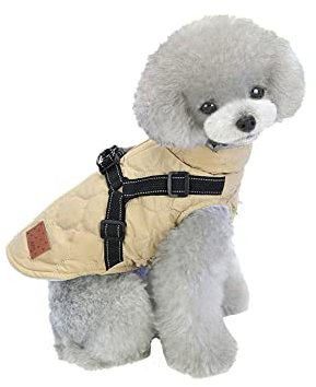 meioro Hundebekleidung Warmer Hundemantel mit reflektierendem Geschirr Winddichte Hundejacke Winterhunde Baumwolltuch Verdickte ärmellose Weste Baumwollhundepullover Haustierjacken (Khaki, S)
