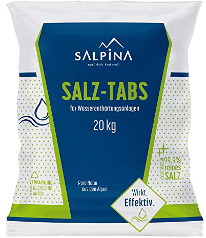 10 x SALPINA Salztabletten für Wasserenthärtungsanlagen 20kg im Sack (200kg), Entkalkung & Elektrolyse | hochreines Regeneriersalz (99,9% NaCl) mit bester Löslichkeit für sauberes & weiches Wasser