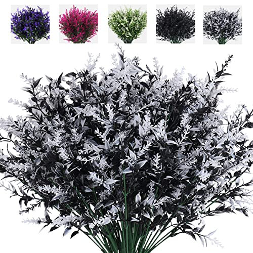 RECUTMS 8 Bundles Artificial Flowers Outdoor UV Resistant Fake Flowers Fake Outside Plants Plastic Outdoor Flowers for No Fade Faux Plastic Plants Garden Porch Window Box Décor(Black+White)…