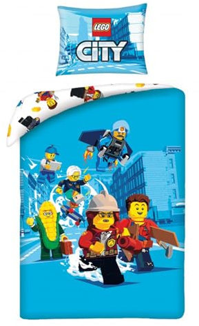 Halantex Lego City Bed Leinen Set Bettbezug 140 x 200 + 70 x 90 cm Kinder Bed Leinen 100% Baumwolle