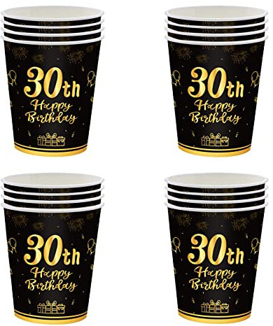 YAAVAAW Happy 30th Birthday Paper Cups Black and Gold, 16Pcs Disposable Tableware Party Cups, Decorations Cup for Men, Women, Him, Her Supplies Table Decor
