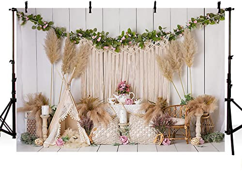 AIBIIN 2,1 x 1,5 m Böhmen Theme Mädchen Geburtstagshintergrund Zelt rosa Blume Kids Party Banner Pampas Gras Boho Stil Fotografie Hintergrund Kuchen Zerschlag Tabelle Baby Dusche Garten Dekoration