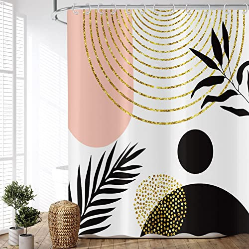 ASDCXZ Rideau de Douche Feuilles Boho 180x180 cm, Art Abstrait Moderne Style Boho Feuilles de Palmier Noires Or Lavables Rideau Douche imperméable en Textile pour Baignoire avec 12 Crochets