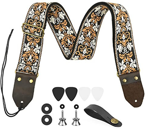 Gitarrengurt, Gitarrengurt aus Jacquardgewebe Retro Bestickter Baumwolle Gitarrengurte mit Gurtknöpfe, 2 Gurtschlössern und 4 Gitarrenplektren für Bass, Elektrik und Akustik, Erwachsene & Kinder Braun