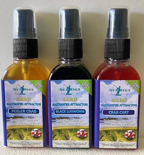 Sea Fishing PEELER CRAB - BLACK LUGWORM - CRAB CART - 3 x 50ml Natural Saline Bait Sprays