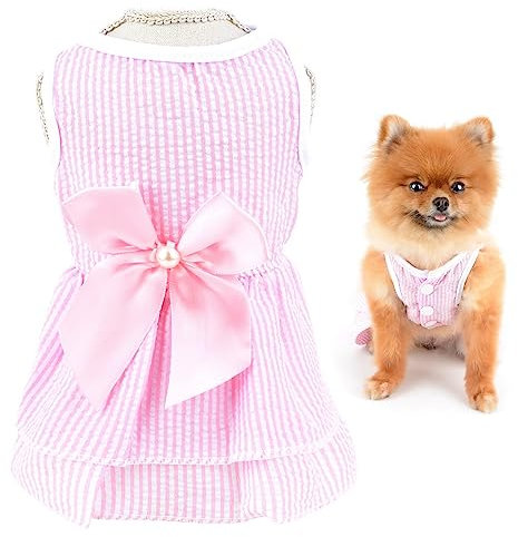SMALLLEE_LUCKY_STORE Cute Pet Bow Striped Princess Dress for Small Dog Cat Girls Puppy Sundress Tiered Skirt Yorkie Chihuahua Summer Clothes,Pink,XS