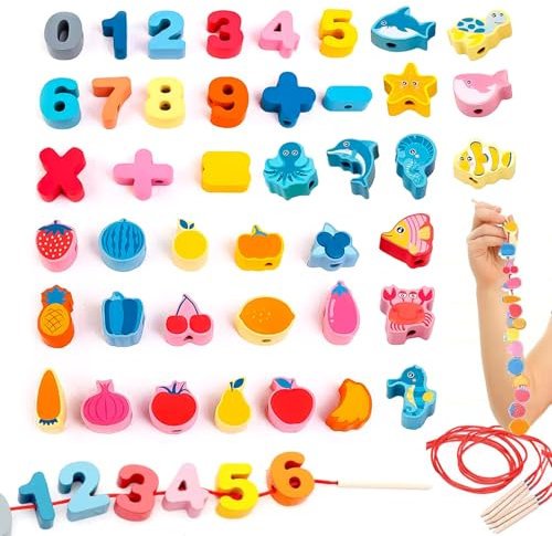 Fädelspiel 48 Teile - Montessori Spielzeug ab 2 3 4 5 6 Jahren für Kinder Lernspielzeug Holzperlen Raupe Fädelspiel Motorikspielzeug Holzspielzeug Regenbogen Lernspiel