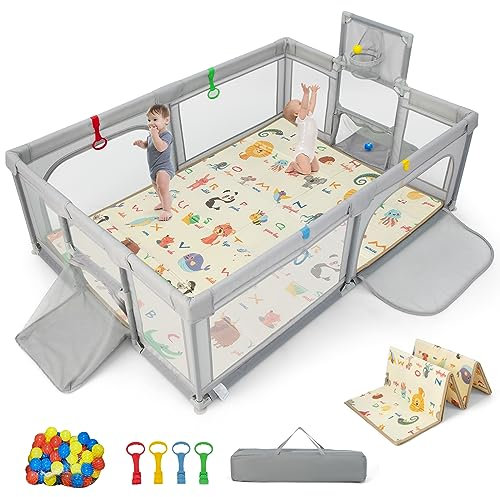 DREAMADE Laufstall baby, 207 x 145cm Laufgitter mit Matratze & Basketballkorb & Zugring, Schutzgitter mit Rutschfester Basis, Krabbelgitter für Kinder