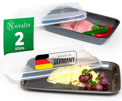 Novaliv Sparset 2x flach 1x hoch Anthrazit Premium Aufschnittbox mit Transparentem Deckel, Frischhaltedosen für Wurst & Käse Maße 25x17x3 cm 25x17x5 cm Kühlschrank Organizer Knäckebrotbox must-have