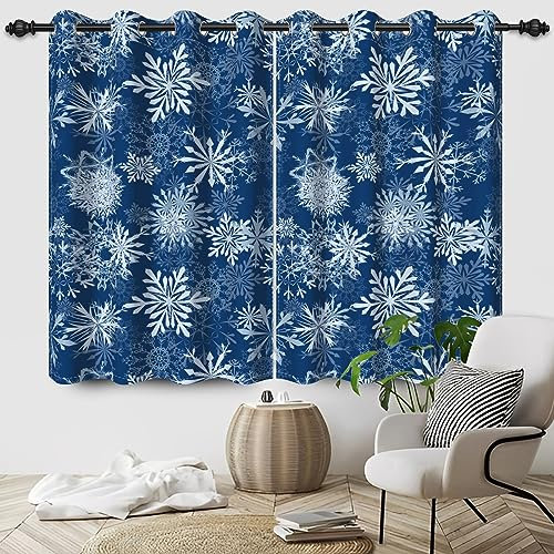 Bovlleetd Tende per finestre con fiocchi di neve blu navy Tende oscuranti natalizie invernali Tende per tende isolate termiche per soggiorno 117x183cm (Larghezza x Lunghezza) Set 2 teli per pannelli