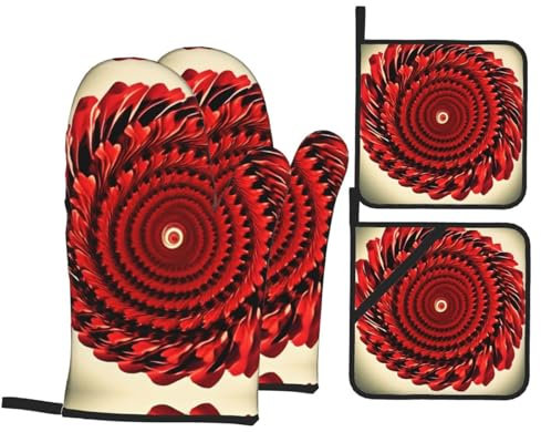 Rutschfeste Handschuhe und Grillhandschuhe - Isolierte Ofenhandschuhe und Stoffhalter Set zum Backen, Grillen und Kochen Flower Vortex Spiral