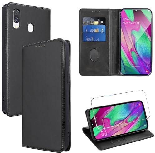 Vauki Coque Cuir pour Samsung Galaxy A40 5.9 avec 1 Verre Trempé Etui à Rabat en PU Porte-Cartes Portefeuille Support Flip Housse Magnétique Antichoc Anti-Rayures Case,Noir