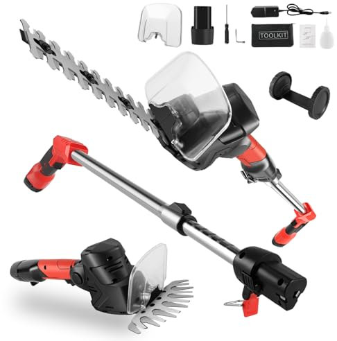Conentool 2-in-1 Hedge Trimmer Cordless, 12V Pole Hedge Trimmer & Grass Shear with Battery and Charger, 2000mAh electric Long Reach Hedge Trimmer for Shrub, Lawn, Foliage and Twig