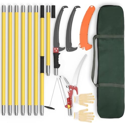 Pole Saws for Tree Trimming, 7.3-27 ft Extendable Tree Trimmers Long Handle Pruner, Sharp Steel Blade and Scissors High Branches Trimming, Tree Pruner, Tree Saw (7.3-27 ft with Scissors)