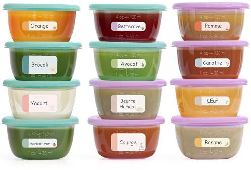 Budding Bear Petits Pots pour Bébé 120ml - Pot Plastique avec Couvercle & Étiquettes (Lot de 12) - Petit Pot Bebe Repas Réutilisables - Pot Conservation Bébé Compatibles Micro-ondes & Lave-vaisselle