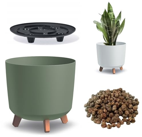 DIKEL Gracia Runder Blumentopf ⌀ 30 cm x 28,5 cm | Pflanzkübel mit 4 Steckfüßen in Holzoptik | Übertöpfe für drinnen und draußen | Pflanzentopf stilvolle Dekoration für Haus und Garten | Grün