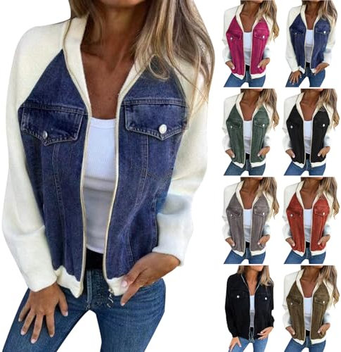 Übergangsjacke Damen Jeansjacke mit Reißverschluss Zweifarbige Nähte Jacke Denim Jeansmantel Langarm Coat Retro Jeansjacken Y2K Streetwear Freizeitjacken