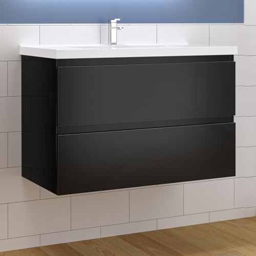 Aica Sanitär Waschtisch mit Unterschrank 80cm Alast Badmöbel Set Hochglanz Schwarz Waschbecken mit Unterschrank MDF Softclose