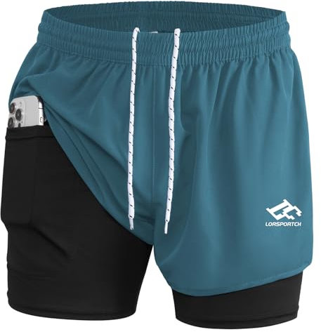 LORSPORTCH Herren Laufshorts 2 in 1 Shorts Gym Athletic Shorts Outdoor Marathon Workout Trainingsshorts Mit Eingebaut Taschen Pfauenblau M