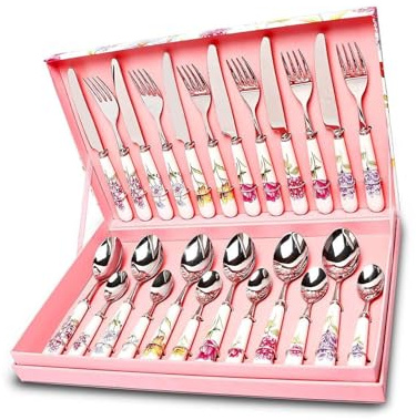 YAIUNHIQ 24 Piece Stainless Steel Cutlery Set with Ceramic Handles | Suitable for Weddings, Christmas, Birthdays