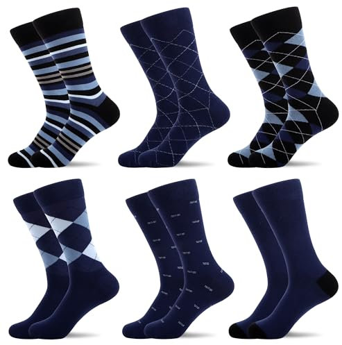 WeciBor 6 pares de calcetines de negocios para hombre, algodón peinado, sin costuras, calcetines de traje, diseño cómodo, transpirable, Azul Marino Geométrico-6M, 43-46