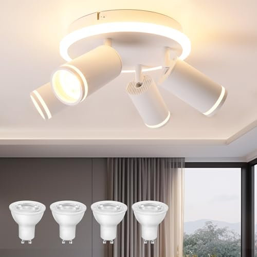 URing Deckenstrahler 4 Flammig Rund - LED Deckenleuchte Schwenkbar - mit Unteres Glühen 8W+4x5W GU10 - Modern Deckenlampe Strahler Weiß - 3000K Warmweiß Strahler Deckenspot Lampe für Wohnzimmer, Küche