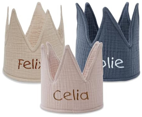 Manufaktur Liebevoll | Geburtstagskrone Personalisiert ab 1. Geburtstag Kind Stoffkrone Musselin mit Namen Krone Mädchen Junge (Rosa)