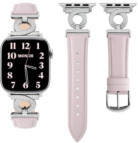 wutwuk Lederarmband Kompatibel mit Apple Watch Armband 40mm 42mm(Series 10) 41mm 38mm, Damen Schlankes Armbänder mit Strass Diamant Schnalle für iWatch SE Series 10 9 8 7 6 5 4 3 2 1, Silber+Hellrosa