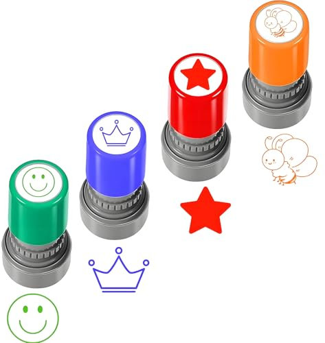 4 Stück Stempel Lehrer lehrerstempel Stempel Kinder Kinderstempel Set Kinder, Lob Ermutigung Bunte Cartoon Lob Siegel Ermutigung