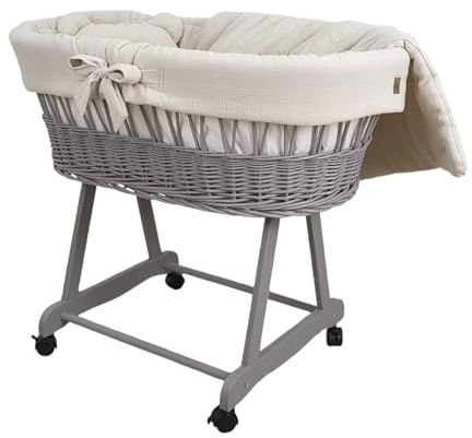 Wiklinopol Stubenwagen aus Weide mit Gestell & Matratze Amelia – Moseskorb in Grau – Set Musselin-Bettwäsche in Beige – Weidenkorb, Tragbar, Ideal für Neugeborene