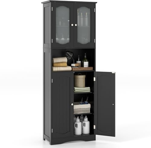 COSTWAY Badezimmerschrank, freistehender Hochschrank mit 4 Türen & offenem Fach & Verstellbarem Einlegeboden, Badschrank mit Kippschutz für Wohnzimmer, Badezimmer, Küche (Schwarz)