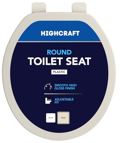 HIGHCRAFT Premium Round Toilet Seat with Adjustable Hinges - Molded Plastic Toilet Seat - Fits Standard Round Toilets - Round Seat in Bone/Beige