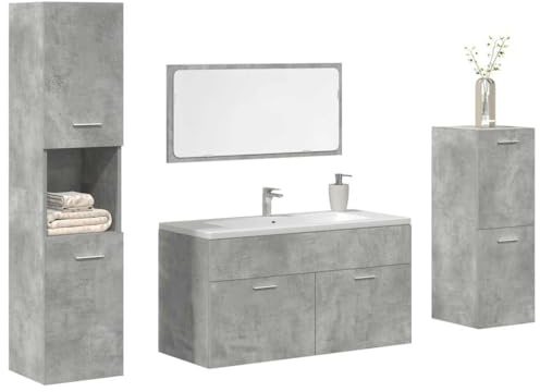 WKIEQACO 4-teiliges Badmöbel-Set Beton Grau Holzwerkstoff Sets Badezimmer-Sets