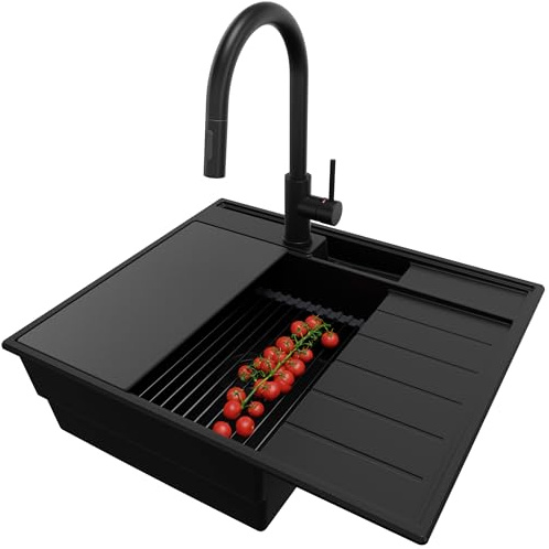 PRIMAGRAN Granitspüle ab 45er Unterschrank + Küchenarmatur, 62x53cm | Set: Küchenarmatur BW9010 + Ablauf-Set + Spülbecken 1 Becken - Sydney Pocket, Alles Schwarz