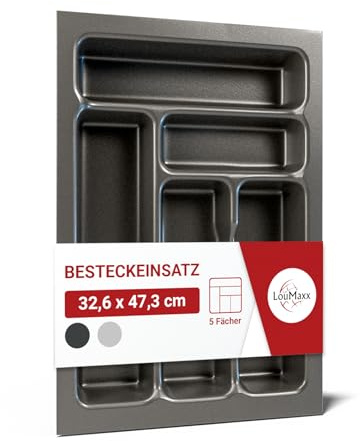 LouMaxx Besteckeinsatz für 40 cm breite Schubladen - Besteckkasten 47,3x32,6 cm Made in Germany, basaltgrau mit 5 Fächern und stabilen Ecken - bruchfest & langlebig
